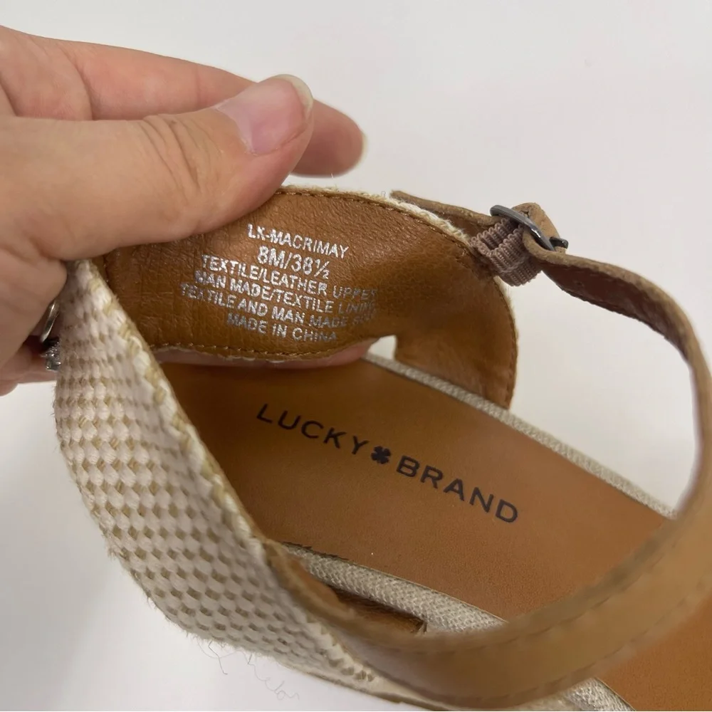 Lucky Brand Women's 8 Tan Gray Espadrille Wedge Sandal Feminine Bow‎ Beach Vaca